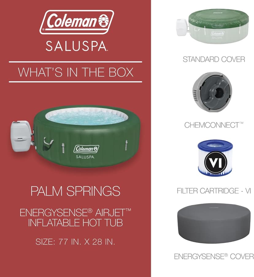 Coleman Palm Springs EnergySense AirJet Inflatable Hot Tub Spa (77" x 28") | Portable Hot Tub with 2 Covers (1 Energy-Efficient Thermal Cover and 1 Standard Cover) | Fits Up to 4-6 Persons | Green