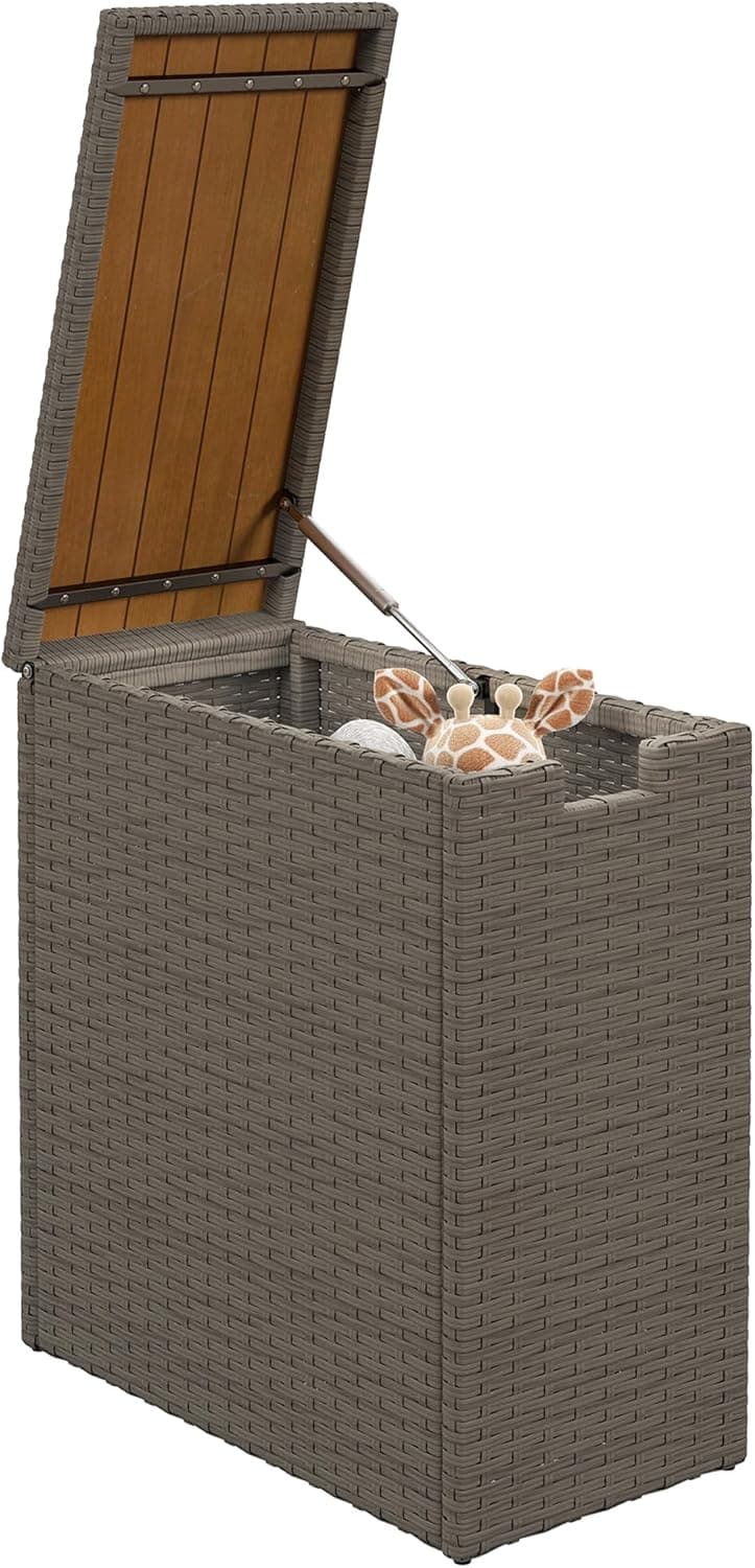 Outsunny 17 Gallon Wicker Small Deck Box, PE Rattan Outdoor Storage Box with Slatted Acacia Wood Flip Top for Indoor, Patio Furniture Cushions, Pool Supplies, Garden Tools, UV Resistant, Teak