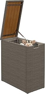 Outsunny 17 Gallon Wicker Small Deck Box, PE Rattan Outdoor Storage Box with Slatted Acacia Wood Flip Top for Indoor, Patio Furniture Cushions, Pool Supplies, Garden Tools, UV Resistant, Teak