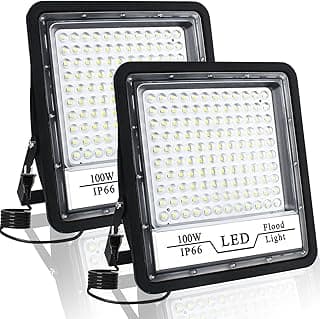2 Pack 100W LED Flood Light Outdoor, 10000LM Bright LED Work Lights Plug in, IP66 Waterproof Exterior Floodlight, 6500K Security Light for Patio, Backyard, Lawn, Stadium, Playground