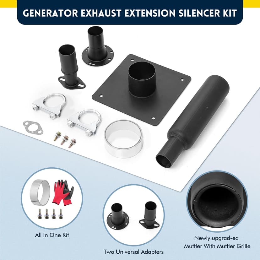 Generator Exhaust Extension Silencer Kit,with Two Universal Adapters Compatible Most Portable Generators wiht ALL-IN-ONE KIT, Reduces Noise by 60%,Compatible with All Portable Generators