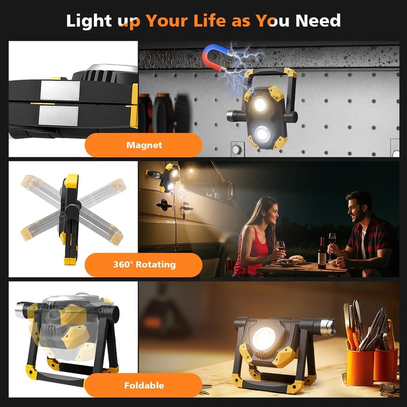 Samyoung 2 Pack Magnetic 2000 LM LED Work Light, 10 Hours Long Lasting 360°Rotating 7000K Warm Rechargeable Work Light Folding Waterproof for Job Site Car Inspection Camping Emergency