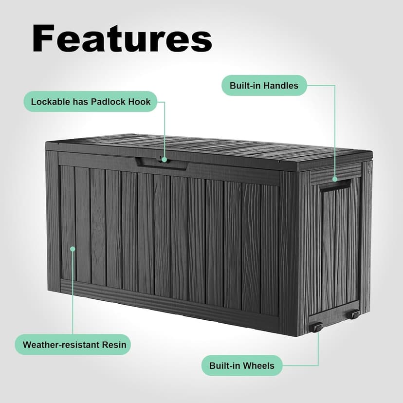 76 Gallon Outdoor Deck Box,Storage Lockable Waterproof Patio Furniture,Garden Tools,Cushions,Pool Accessories Outside Storage Resin Box(Black)