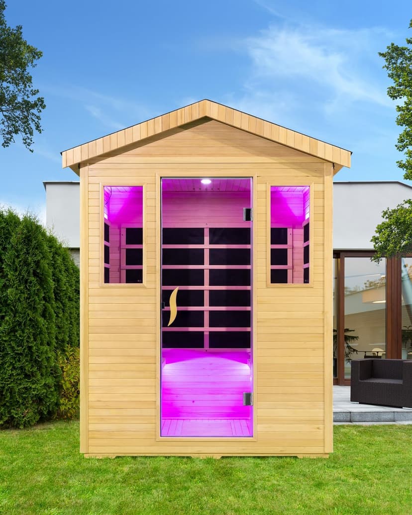 3300W 30A 110V Outdoor Wooden Low EMF Far Infrared Sauna with Bluetooth Speakers, LED Lamp, LCD Control Panel, Tempered Glass Door, 7 Colors Lighting 4 Person, 84.24"x66.6"x51.24"