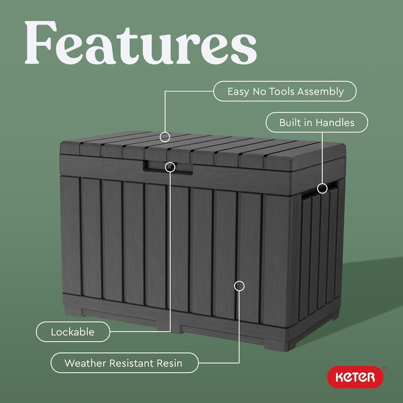 Keter Kentwood 50 Gallon Resin Deck Box-Organization and Storage for Patio Cushions, Throw Pillows and Garden Tools, Dark Grey