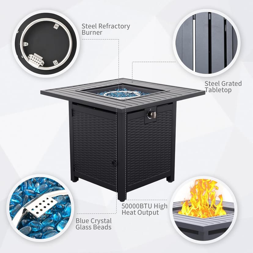 30 Inch Fire Tables 50000 BTU Outdoor Fire Pits for Outside Steel Gas Fire Table with Fire Pit Lid Grille Tabletop and Waterproof Cover and Blue Crystal Beads