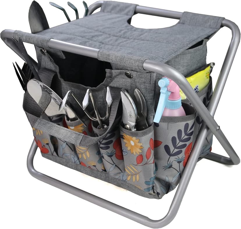 MDSTOP Folding Gardening Stool with Detachable Storage Tote Bag, Gardening Tools Set Organizer for Fishing Outdoor Sports Hiking Camping Garden, Gardening Gifts for Mom/Dad, Without Tools (Aluminum)