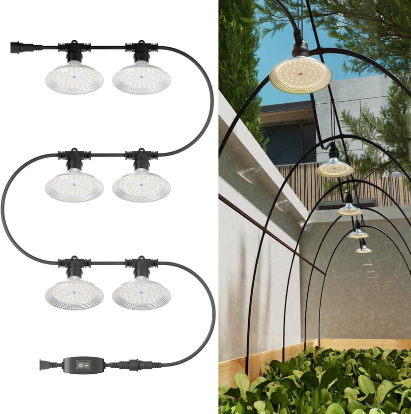 6-Light Outdoor LED Grow Lights – Waterproof Full Spectrum Greenhouse Lights for Plants, 21.3FT Adjustable String Lights with 288 LEDs E26 Base Bulbs, IP44 Waterproof for Garden, Farm, Yard