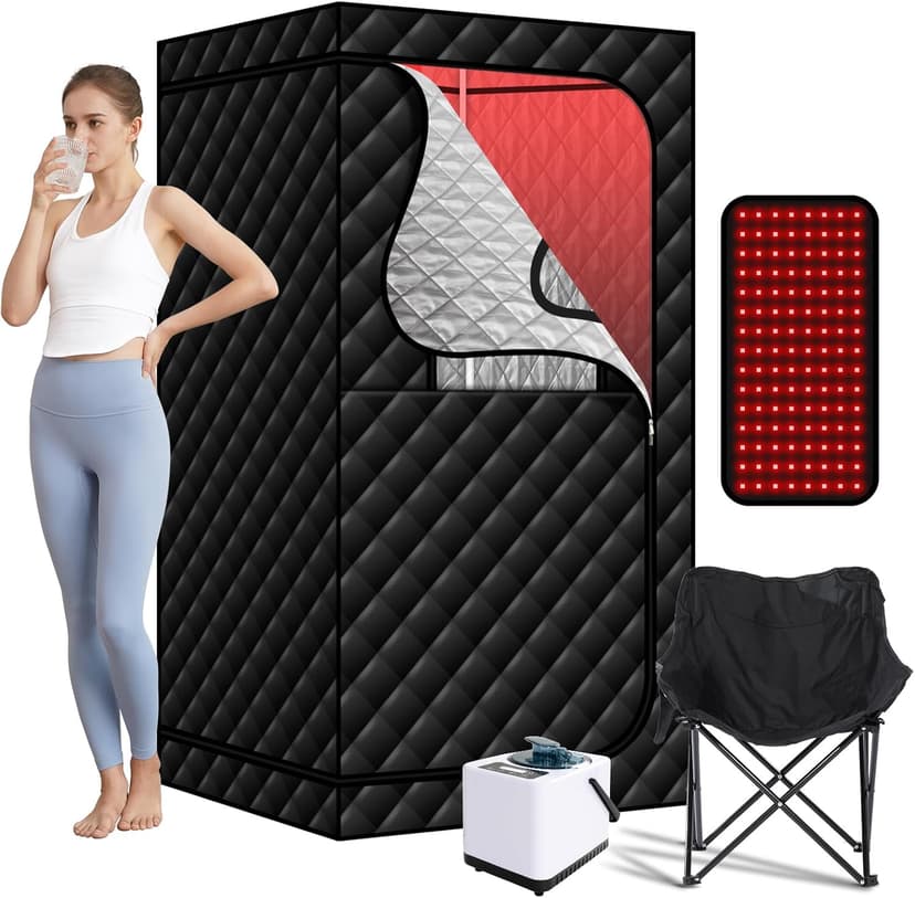Steam Sauna with Red Light Therapy Lamp, Portable Infrared Saunas Tent with 3L Steamer, Personal Heat Box with Remote Control & Large Folding Chair, Indoor Sauna Spa for Relaxation & Detox