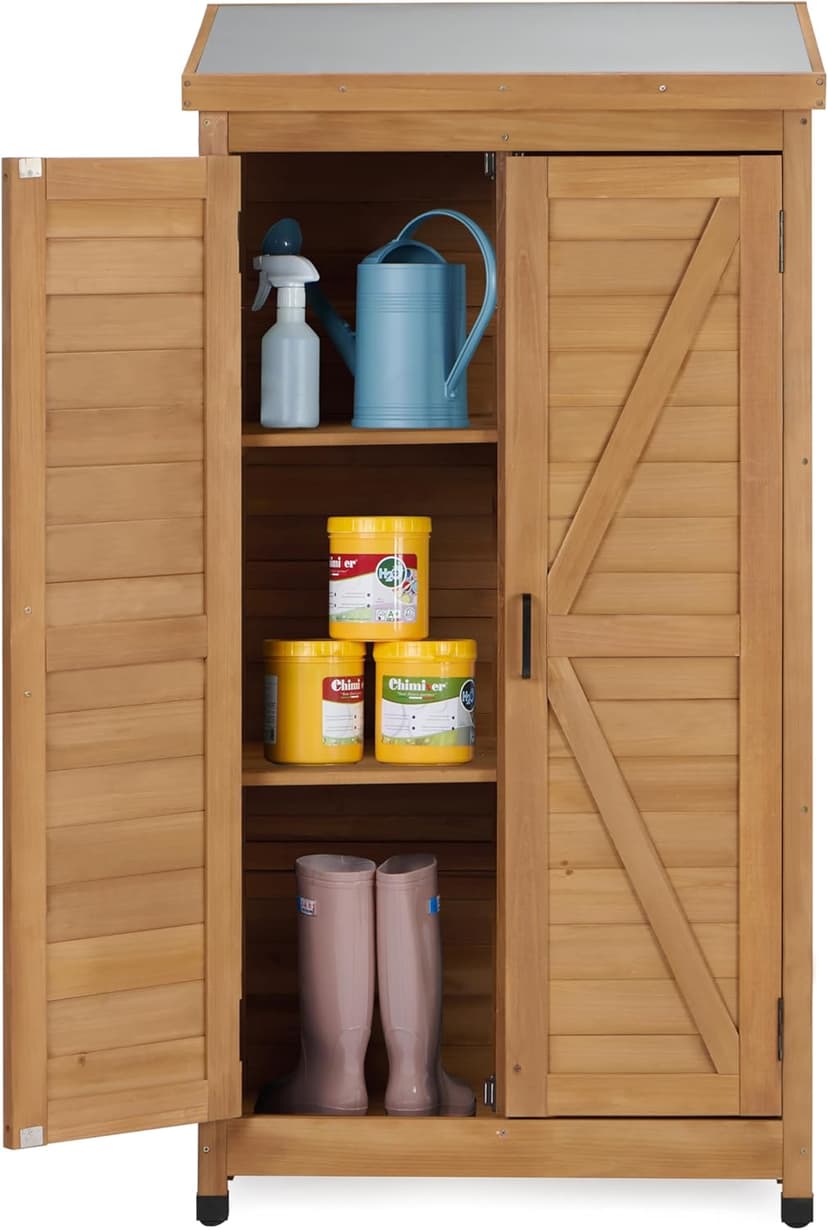 58''x30''x18'' Outdoor Wooden Storage Shed with Metal Top Tall Vertical Tool Cabinet for Backyard Garden Patio Lawn (Gold)