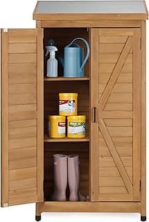 58''x30''x18'' Outdoor Wooden Storage Shed with Metal Top Tall Vertical Tool Cabinet for Backyard Garden Patio Lawn (Gold)