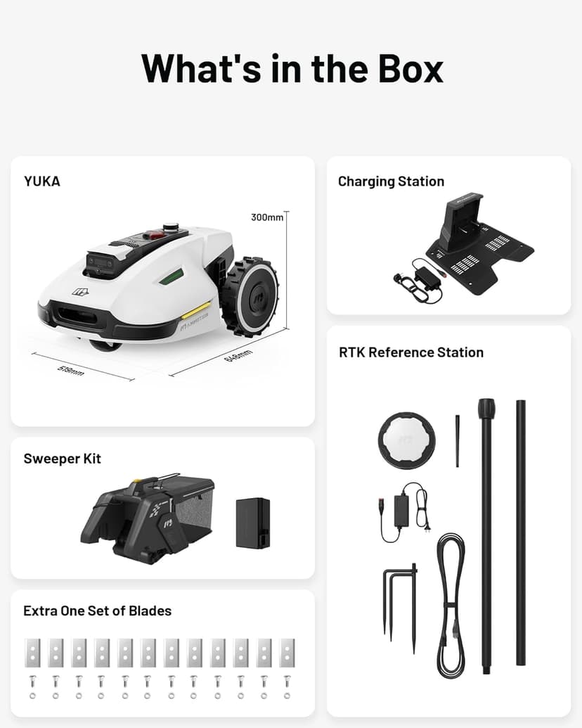 YUKA 2000 Robot Lawn Mower with Sweeper Kit, Ultrasense AI Vision & RTK Antenna, Auto Mapping & App Control,45% Slope Capability,Wireless Perimeter,Dual Cutting Discs, Up to 20 Mowing Zones