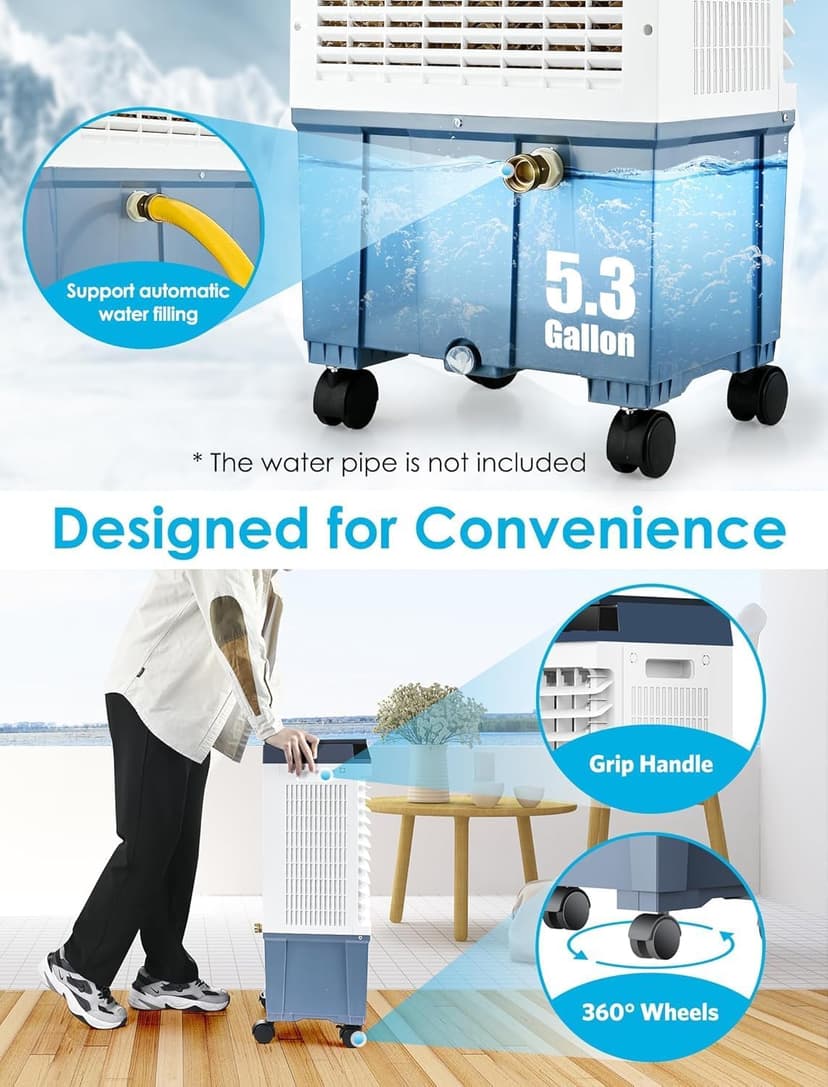 Air Choice Swamp Cooler, 1800 CFM Portable Evaporative Air Cooler with 6 Ice Box & 5.3 Gal Water Tank, 110° Swing, 3 Speeds, Upgraded Remote, 12H Timer, 3-in-1 Air Cooling Fan for Outdoor Indoor, Blue