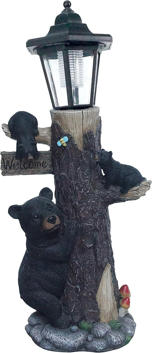 Bear Statue Welcome Sign Garden Statue with Solar Lights, 19 Inches Resin Bear Family on The Tree, Outdoor Bear Décor for Yard, Garden, Lawn, Patio, Black and Brown Animal Statue