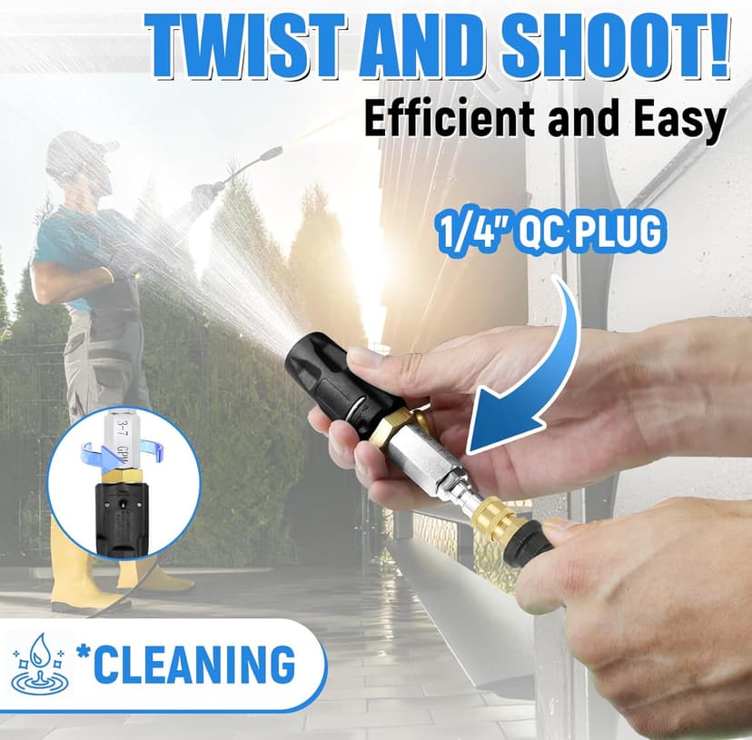Adjustable Downstream Soft Wash Nozzle， Twist Nozzle 0 to 60° spray pattern with Low to High Reach， for elevated areas and hard to reach， for use with Pressure Washer 3-7 GPM