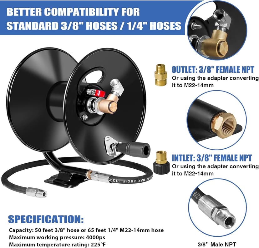 Heavy Duty Power Washer Hose Reel - 50ftx3/8' / 65ftx1/4', M22-14 Fitting, Wall/Trailer/Van Mount, Manual Crank