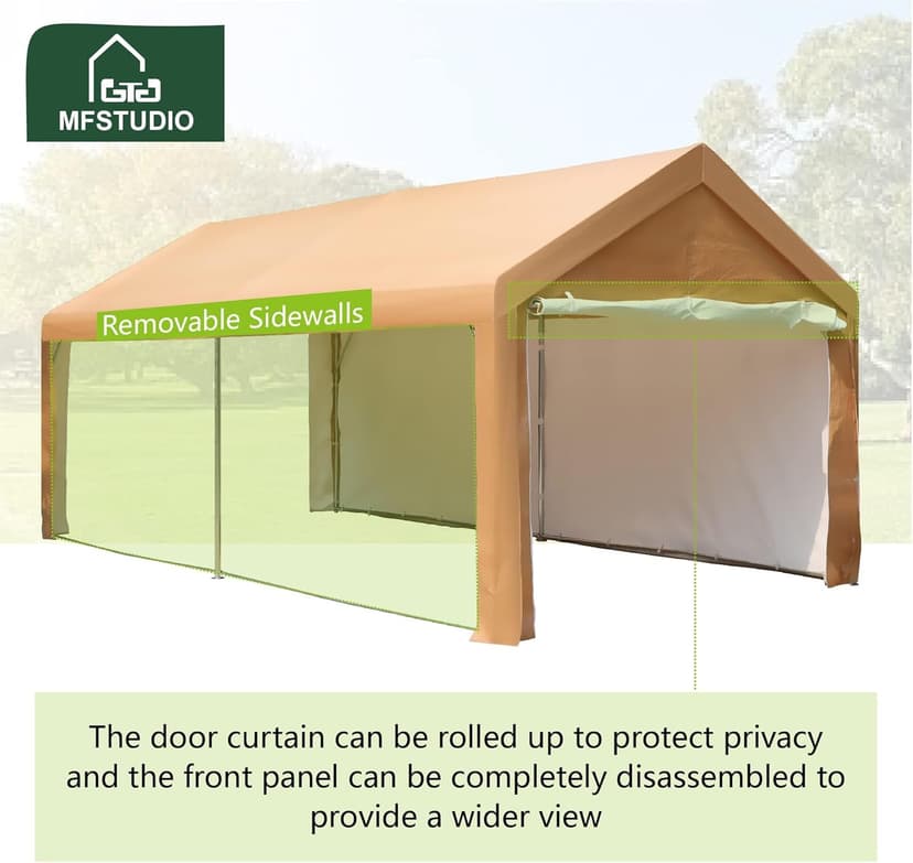 MFSTUDIO Carport 10x20 ft, Heavy Duty Carports Car Canopy Tent with Removable Sidewalls Doors, Portable Garage Waterproof UV-Resistant Car Ports for Camping SUV, Cars, Trucks, Boats, and Vehicles