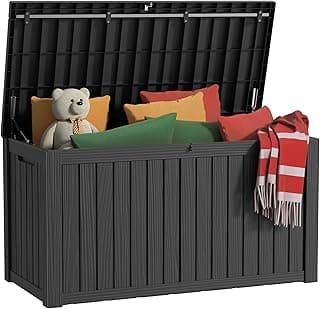 150 Gallon Outdoor Storage Box, Resin Waterproof UV-Resistant Deck Box with Hydraulic Lid Support, Reinforced Stability for Patio, Garden, and Poolside, Striped Black