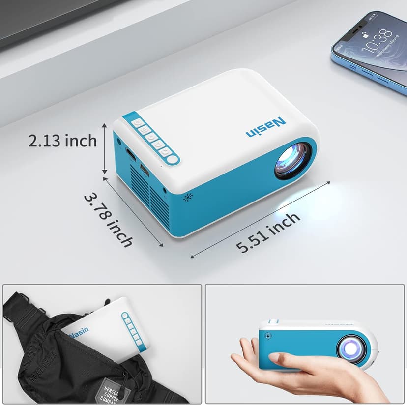 Nasin Mini Projector, 1080P Supported Portable Movie Projector, Home Theater and Outdoor Use, Compatible with IOS, Android, Tablet, Laptop, TV Stick, Type C, USB & HDMI, Bluetooth Proyector