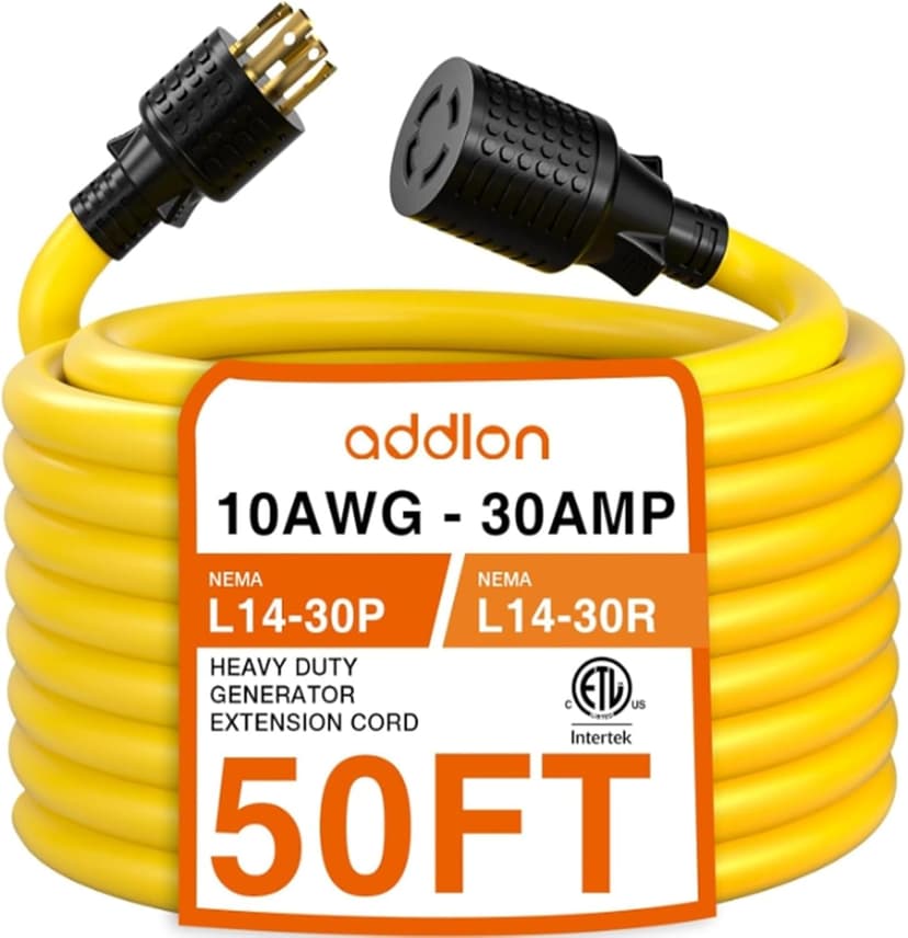 addlon 50FT 4-Prong 30 amp Generator Cord with Organizer Bag, 10 Gauge SJTW Locking Generator Extension Cord for Manual Transfer Switch, NEMA L14-30P/L14-30R, 125/250V 7500 Watts, Yellow, ETL Listed