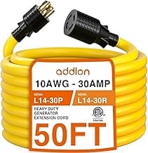 addlon 50FT 4-Prong 30 amp Generator Cord with Organizer Bag, 10 Gauge SJTW Locking Generator Extension Cord for Manual Transfer Switch, NEMA L14-30P/L14-30R, 125/250V 7500 Watts, Yellow, ETL Listed