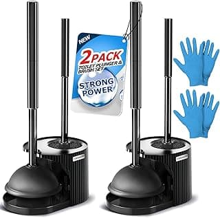 2Pack 2 in 1 Toilet Brush and Plunger Set, Extended Handle Plunger,Toilet Bowl Brush Plunger Set,Clean Gloves,Cleaning Tools,Cleaning Brush,Cleaning Supplies,Toilet Brush Plunger Combo,Black