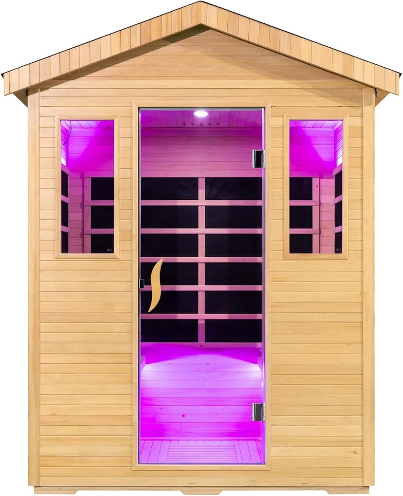 3300W 30A 110V Outdoor Wooden Low EMF Far Infrared Sauna with Bluetooth Speakers, LED Lamp, LCD Control Panel, Tempered Glass Door, 7 Colors Lighting 4 Person, 84.24"x66.6"x51.24"