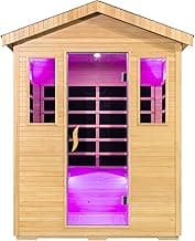 3300W 30A 110V Outdoor Wooden Low EMF Far Infrared Sauna with Bluetooth Speakers, LED Lamp, LCD Control Panel, Tempered Glass Door, 7 Colors Lighting 4 Person, 84.24"x66.6"x51.24"