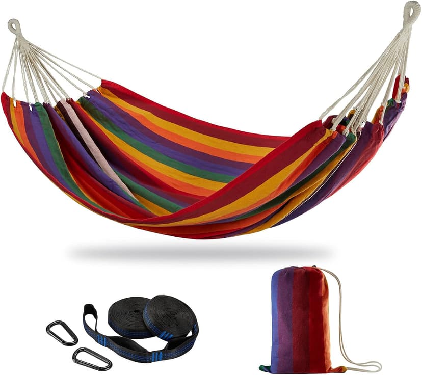 Brazilian Double Hammock with Tree Straps,Extra Large 240x160cm,2 Persons Hammock for Backyard Patio Outdoor and Indoor,450lbs Weight Capacity,Soft Woven Cotton Fabric Red Stripe