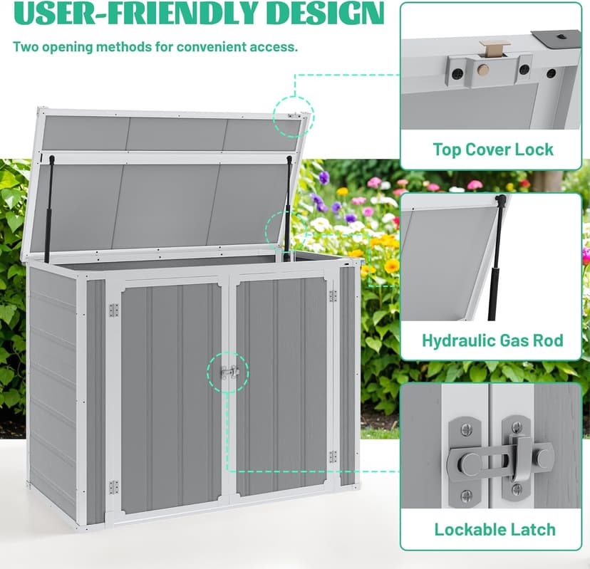 4.7x2.5ft Horizontal Resin Shed with Floor, 34.5 Cu Ft Outdoor Storage Shed for Trash Cans and Garden Tools, Waterproof Plastic Outdoor Shed for Lawn Mower, Pool Toys, Bicycle (Gray)