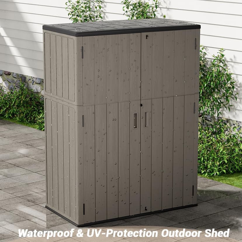 KINYING Outdoor Storage Cabinet Waterproof, 57 Cu.ft Resin Vertical Outdoor Storage Shed for Patio Furniture, Garden Tools, Pool Accessories, Mower Storage (Brown)