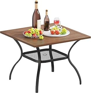 VICLLAX Outdoor Patio Dining Table for 4, Square Metal Slatted Tabletop with Storage Shelf & Umbrella Hole for Patio Lawn Deck Backyard, Walnut Tabletop