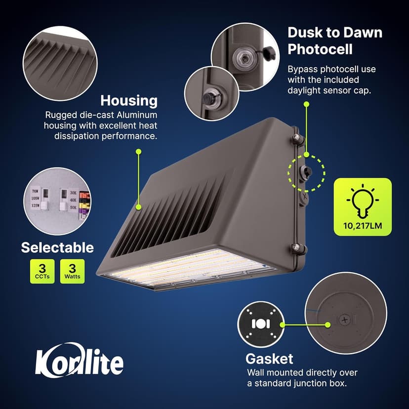 63W/45W/30W Full-Cutoff LED Wall Pack Lights, Selectable Wattage & CCT (5000K/4000K/3000K), LED Wall Light, Energy Efficient, Durable, Outdoor Commercial Wall Pack Light, 9797LM