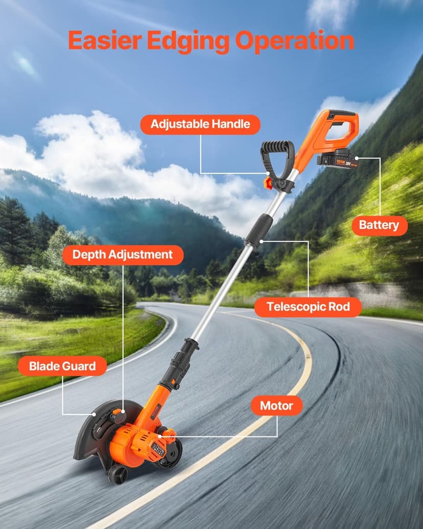 VEVOR Lawn Edger, 9-inch Large Blade, 20 V Battery Powered Cordless Edger Lawn Tool with 3-Position Blade Depth, Adjustable Handle, with Battery and Charger, for Lawns, Driveways, and Sidewalk Edges