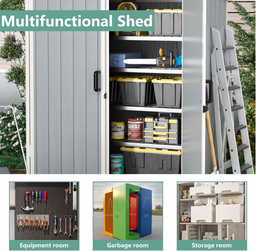 Aoxun Outdoor Storage Shed 5 x 3FT, Resin Shed with Floor and Lockable Door, Plastic Shed for Bike, Garbage Can, Tool, Accessories, Lawn, Garden - Grey