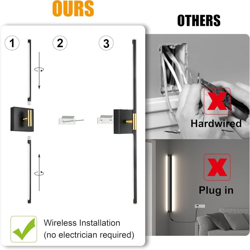 Battery Operated Wall Sconces Set of 2, Dimmable Battery Wall Sconce with Remote Control, Black Gold LED Rechargeable Sconces, 24 Inch Modern Wireless Wall Lights for Bedroom, Living Room