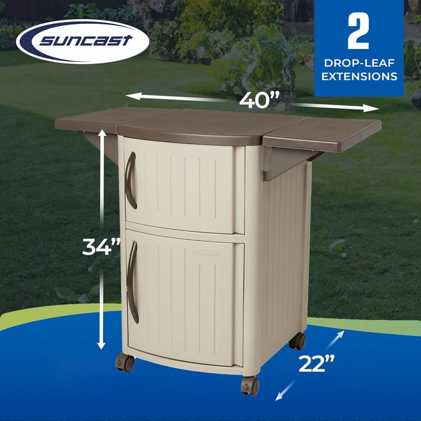 Suncast Outdoor Patio Grill Prep Station Cart with 2 Storage Cabinets, Light Taupe/Mocha