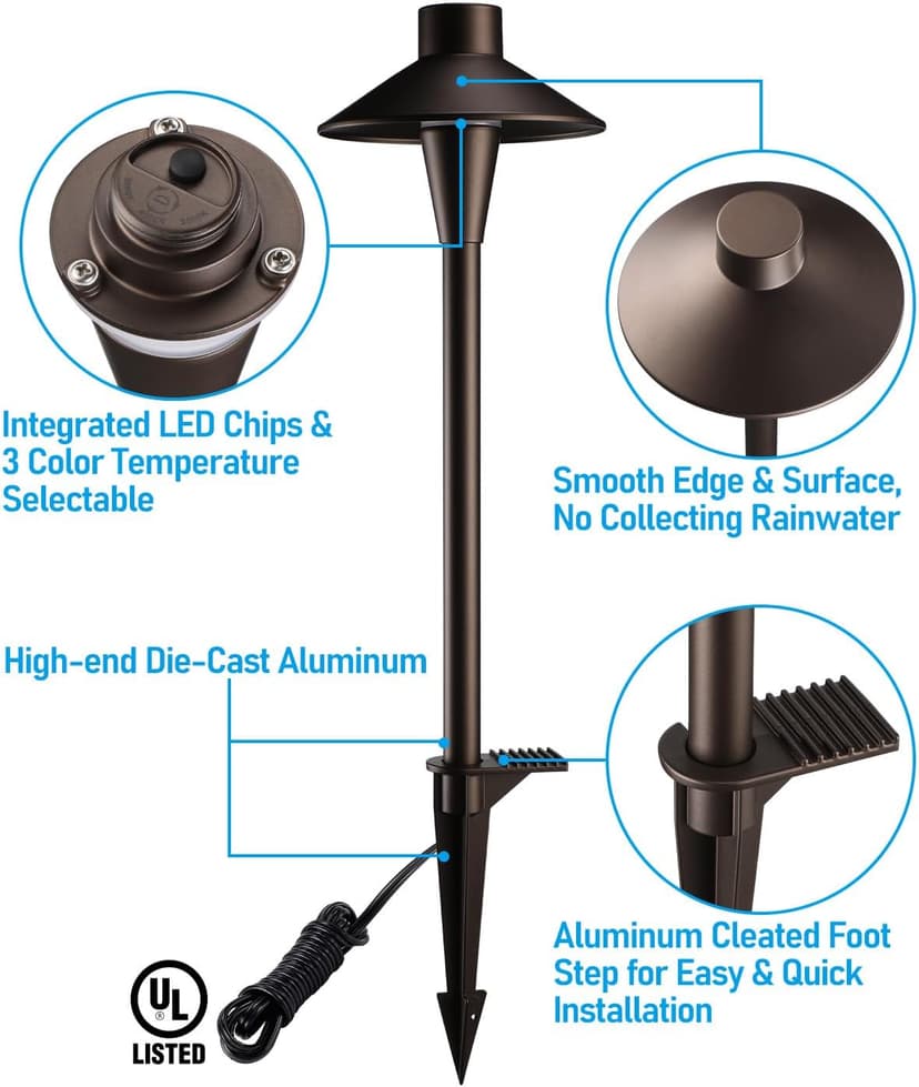 LEONLITE 3CCT Low Voltage Pathway Lights, 12-24V LED Landscape Path Light, 3000K/4000K/5000K Selectable, CRI90, IP65 Waterproof Landscape Lighting, Aluminum Housing, Oil Rubbed Bronze, Pack of 6