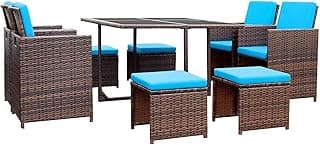 Devoko 9 Pieces Patio Dining Sets Outdoor Space Saving Rattan Chairs with Glass Table Patio Furniture Sets Cushioned Seating and Back Sectional Conversation Set (Blue)