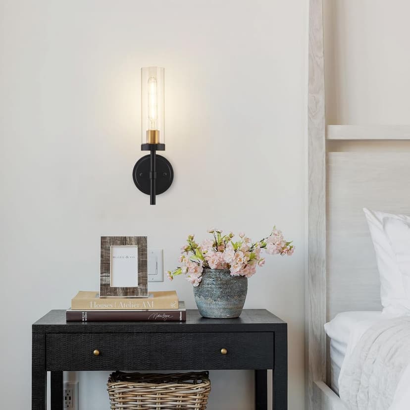 Black and Gold Hardwired Wall Sconces Set of 2, Modern Bathroom Vanity Sconces Wall Lighting with Clear Glass Shade, Farmhouse Wall Mount Lights for Mirror Bedroom Living Room Hallway Kitchen