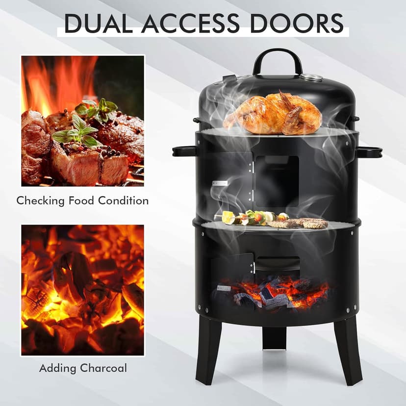 Giantex 3-in-1 Outdoor Smoker Grill, Portable Charcoal BBQ Grill with Smoker Combo, Built-in Thermometer and Air Vent, 6 Hooks, 2 Layers Vertical Steel Charcoal Smoker for Outdoor Cooking Camping