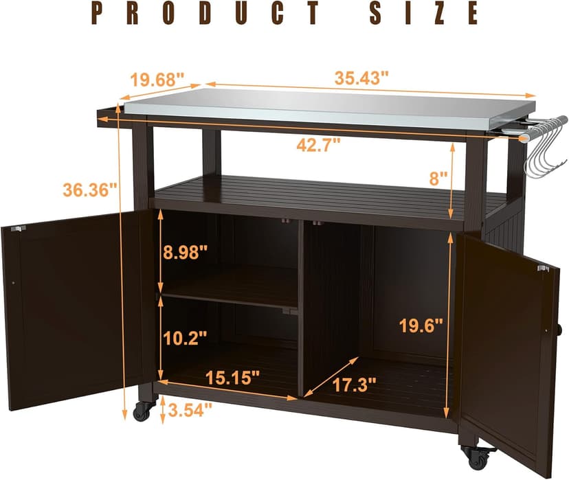 GDLF Outdoor Storage Cabinet Solid Wood Prep Grill Table with Stainless Steel Top Waterproof Cover Dark Brown
