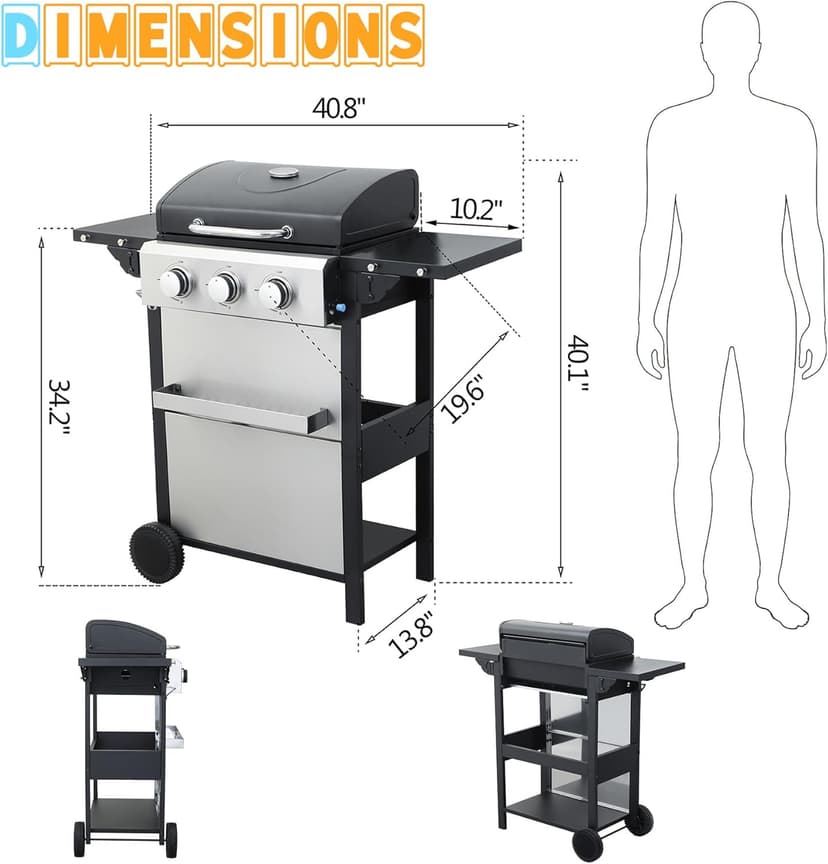 3 Burner Small Propane Gas Grill with Porcelain-Enameled Grates & Thermometer, Stainless Steel BBQ Grill 25650 BTU with Folding Side Tables for Outdoor Cooking Kitchen, Garden, Patio