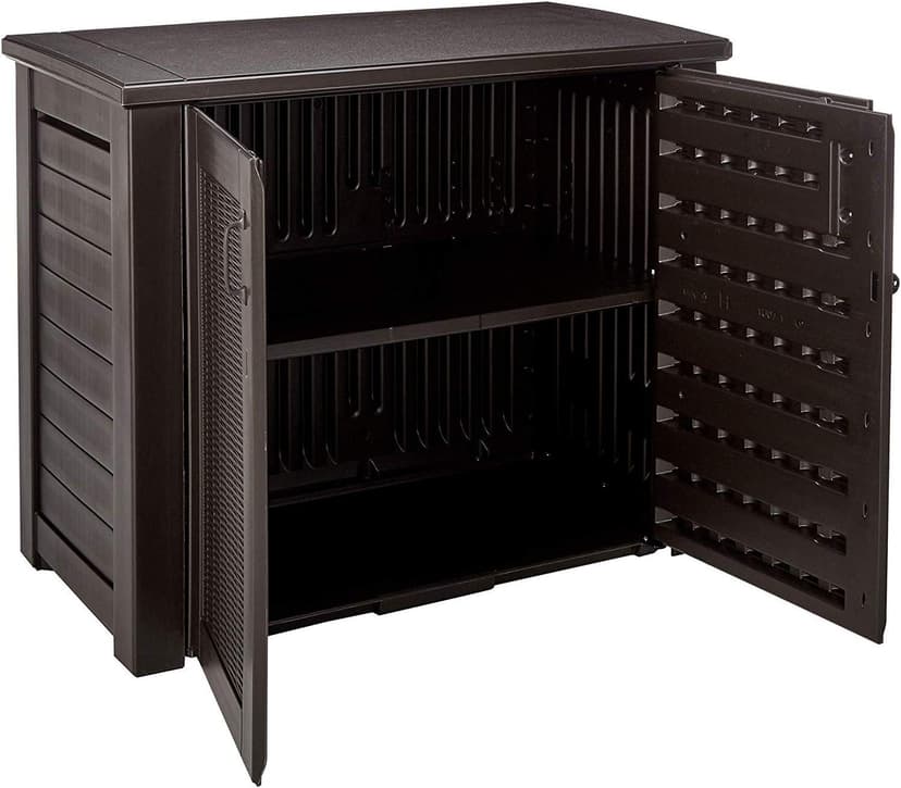 Rubbermaid Decorative Outdoor Storage Cabinet (123 Gal), Weather Resistant, Dark Brown, Organization for Home/Backyard/Pool Chemicals/Toys/Garden Tools/Porch/Patio Cushions