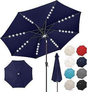 FLAME&SHADE 9 ft Solar Powered Outdoor Market Patio Table Umbrella with LED Lights and Tilt, Navy Blue