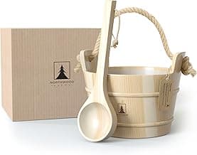Sauna Bucket and Ladle Set - Handmade from Finnish Pine Wood - Natural Rope Handle - 1 Gallon (4 Liters) Water Capacity