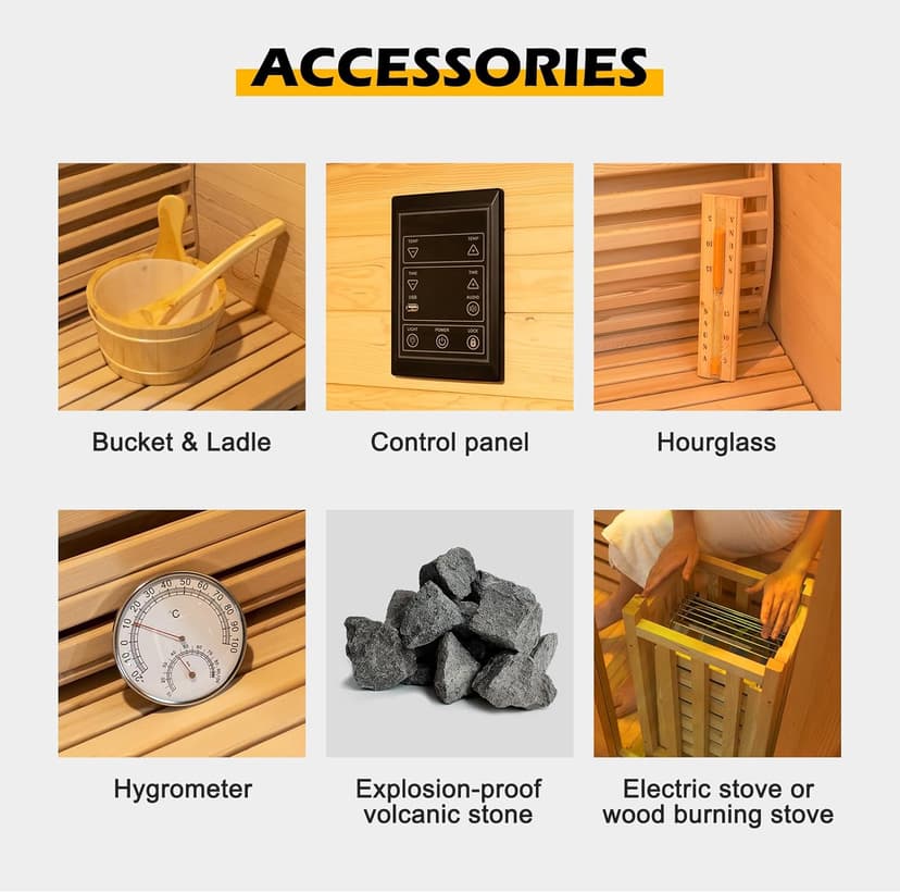 ZONEMEL Wooden Steam Sauna Room, 2 Person Canadian Hemlock Luxurious Indoor Sauna with 3.5 KW Harvia Stove Heater, Bluetooth Speaker, Sauna Stone, Wooden Bucket, Scoop, Reading Light, Hourglass