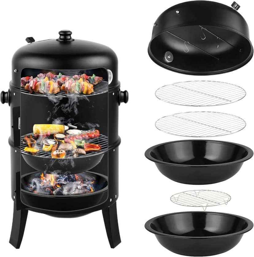16 Inch Charcoal BBQ Smoker Grill,3-in-1 Portable Vertical Grill Cooker with Built-in Thermometers & Adjustable Vent Systems for Outdoor Backyard Cooking, Camping & Patio Parties