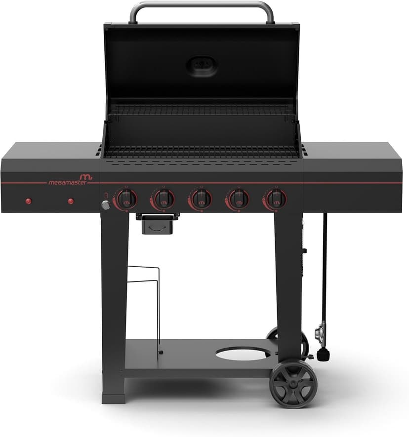 720-0982 5 Burner Propane Barbecue Gas Grill, Side Shelves with Hooks, for Outdoor Cooking, Patio, Garden Barbecue Grill, 50000 BTUs, Open Chart, Black