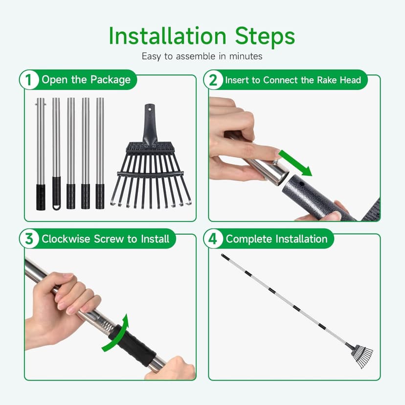 GreatBuddy Adjustable Leaf Rake, 8'' Wide Metal Rake, Perfect for Shrub, Flower Bed & Small Area, 29''- 72'' Expandable Stainless Steel Handle, Easy to Use
